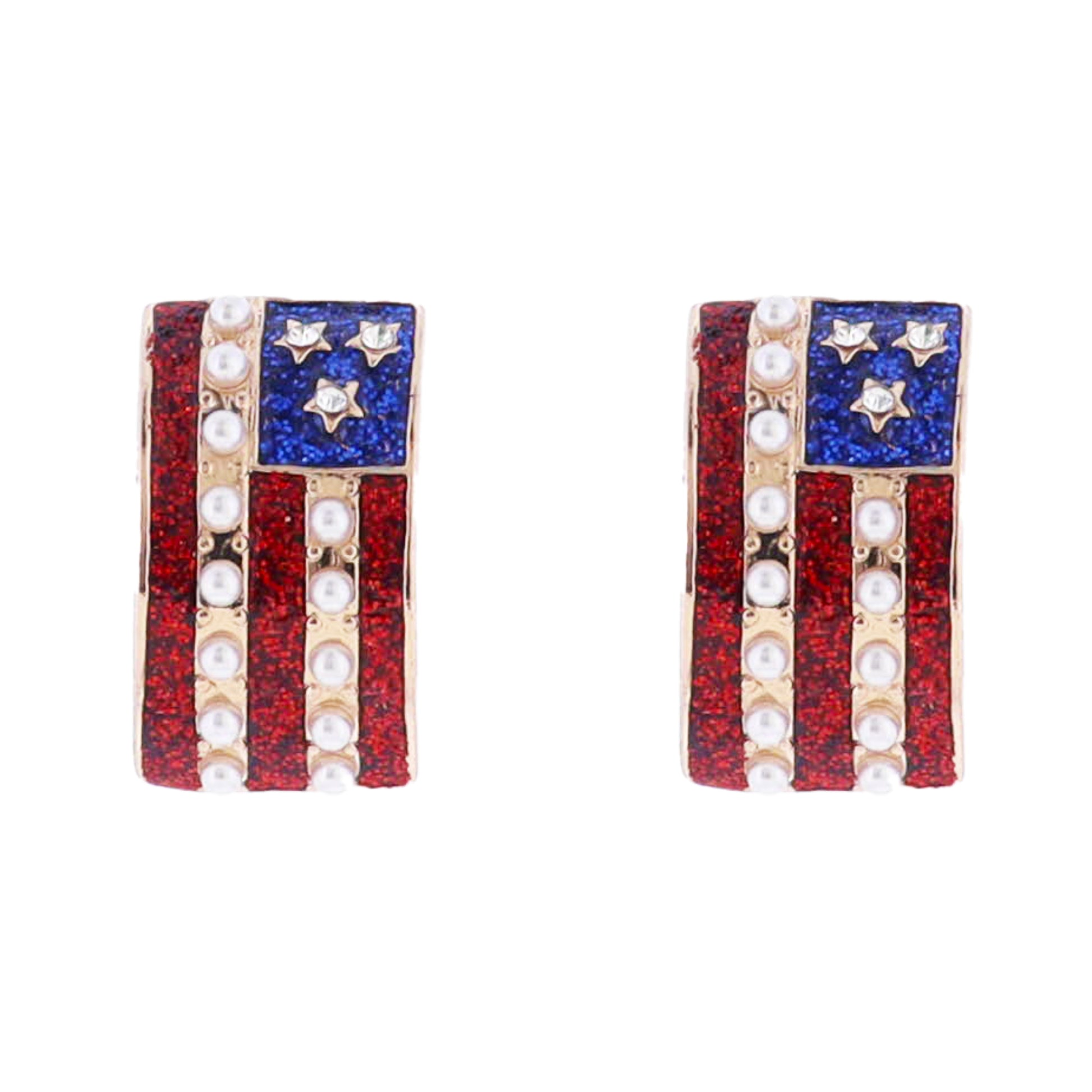 Red, Pearl, Blue Enamel American Flag Earring