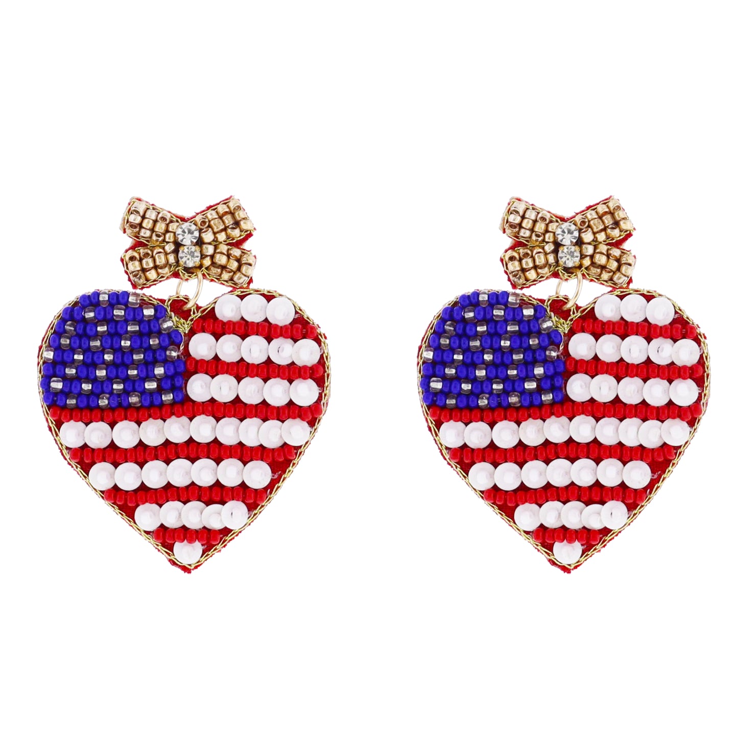 Red, White, Blue, Gold Beaded Bow Post Earring with American Flag Heart