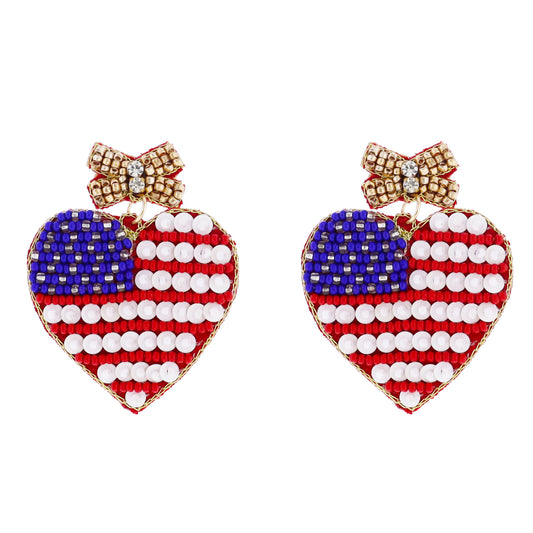 Red, White, Blue, Gold Beaded Bow Post Earring with American Flag Heart