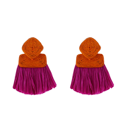 Orange, Hot Pink Rope Square, Rectangle Earring with Hot Pink Raffia Fringe