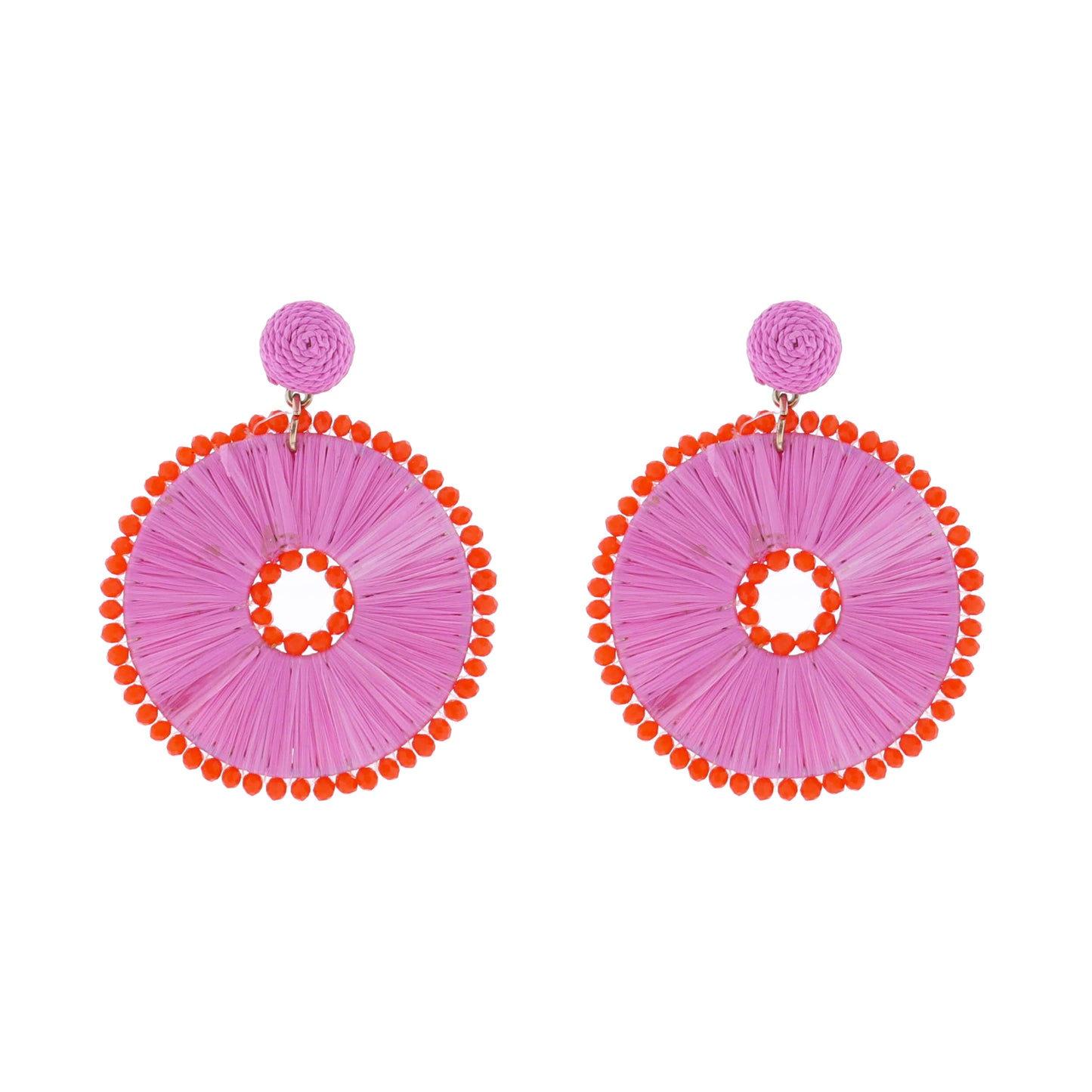 Pink, Orange Raffia Circle with Orange Beads Earring