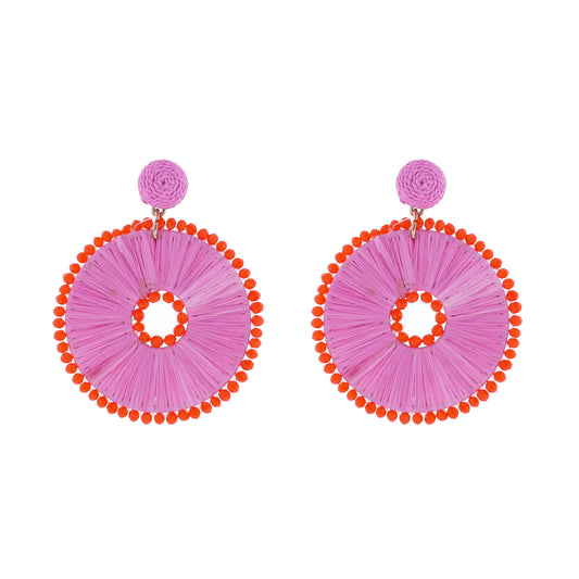 Pink, Orange Raffia Circle with Orange Beads Earring