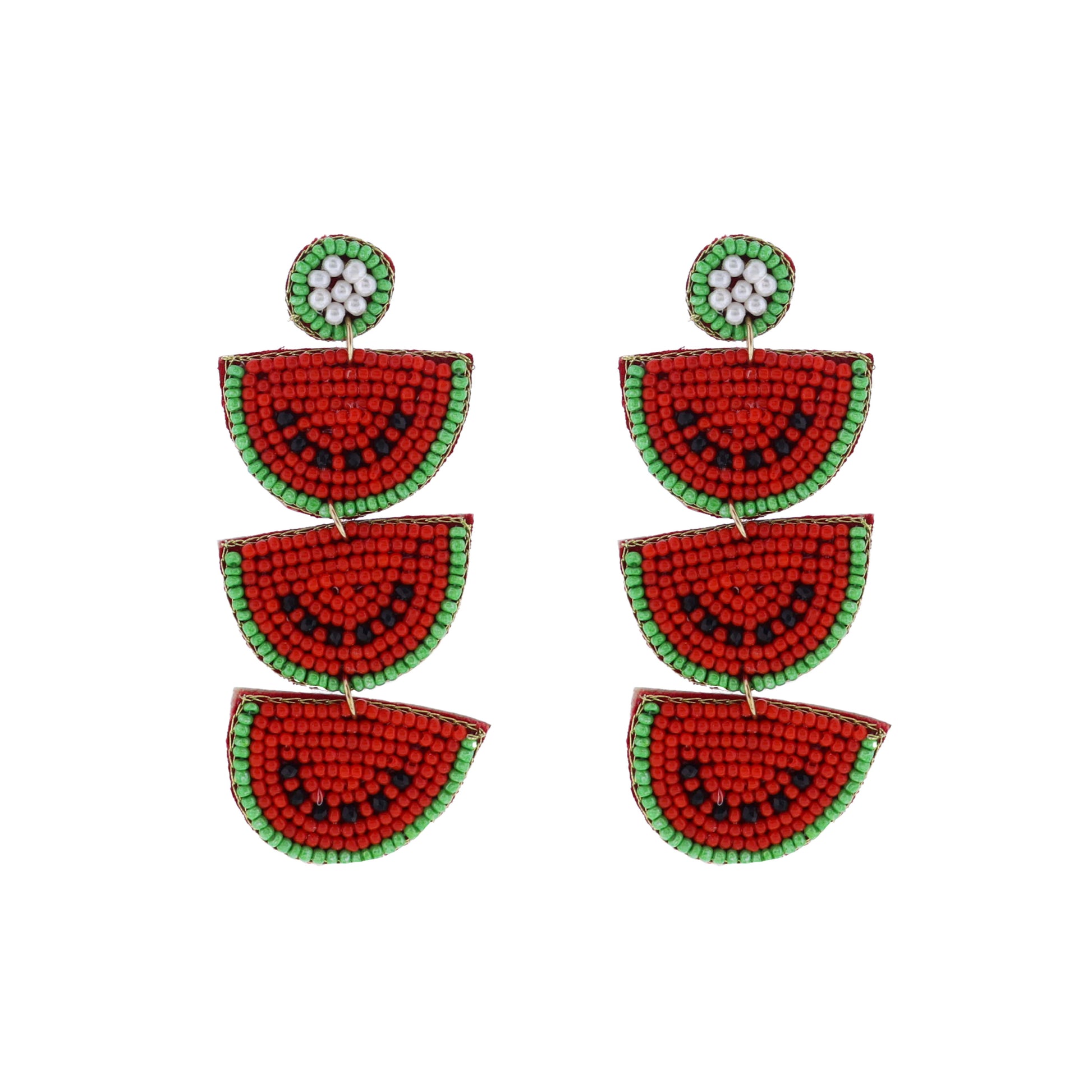 Red, Green Beaded 3 Tier Watermelon Earring