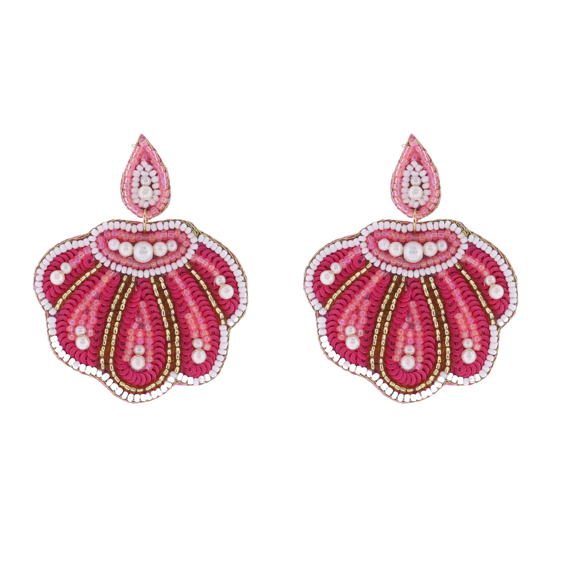 Pink, White, Gold Beaded Shell Earring