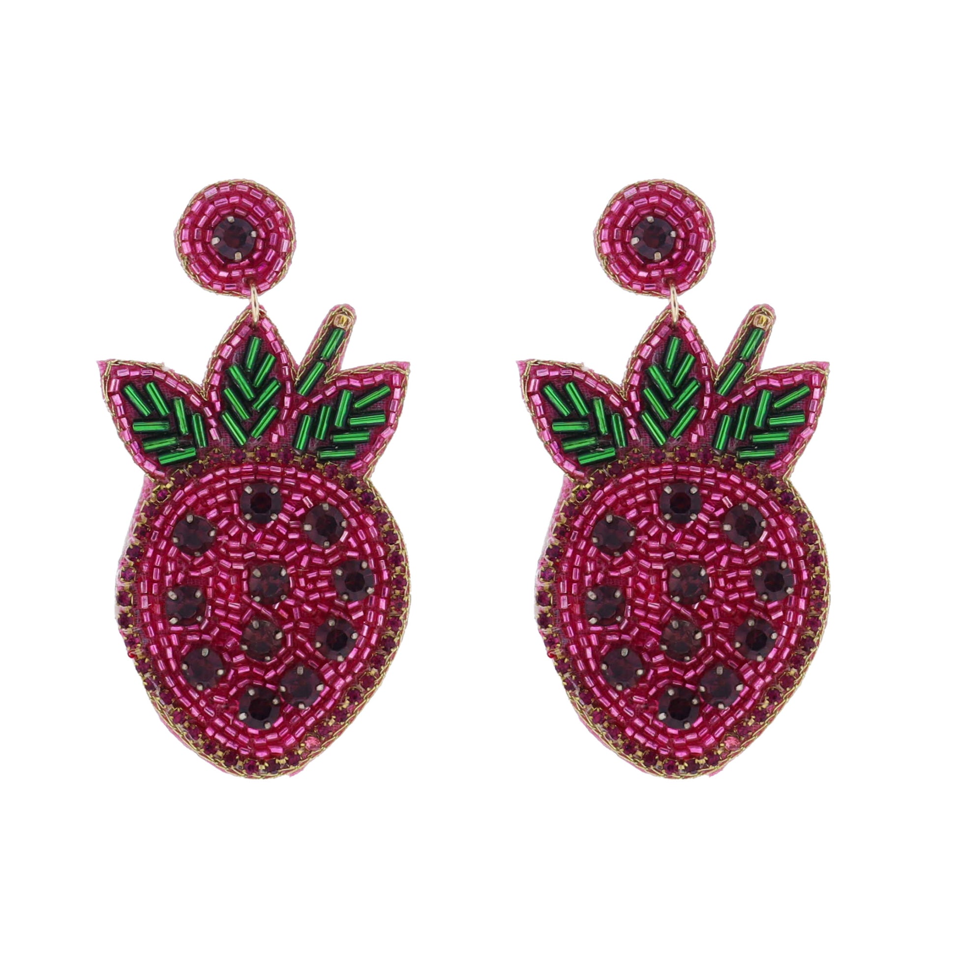 Pink, Green Beaded Strawberry Earring