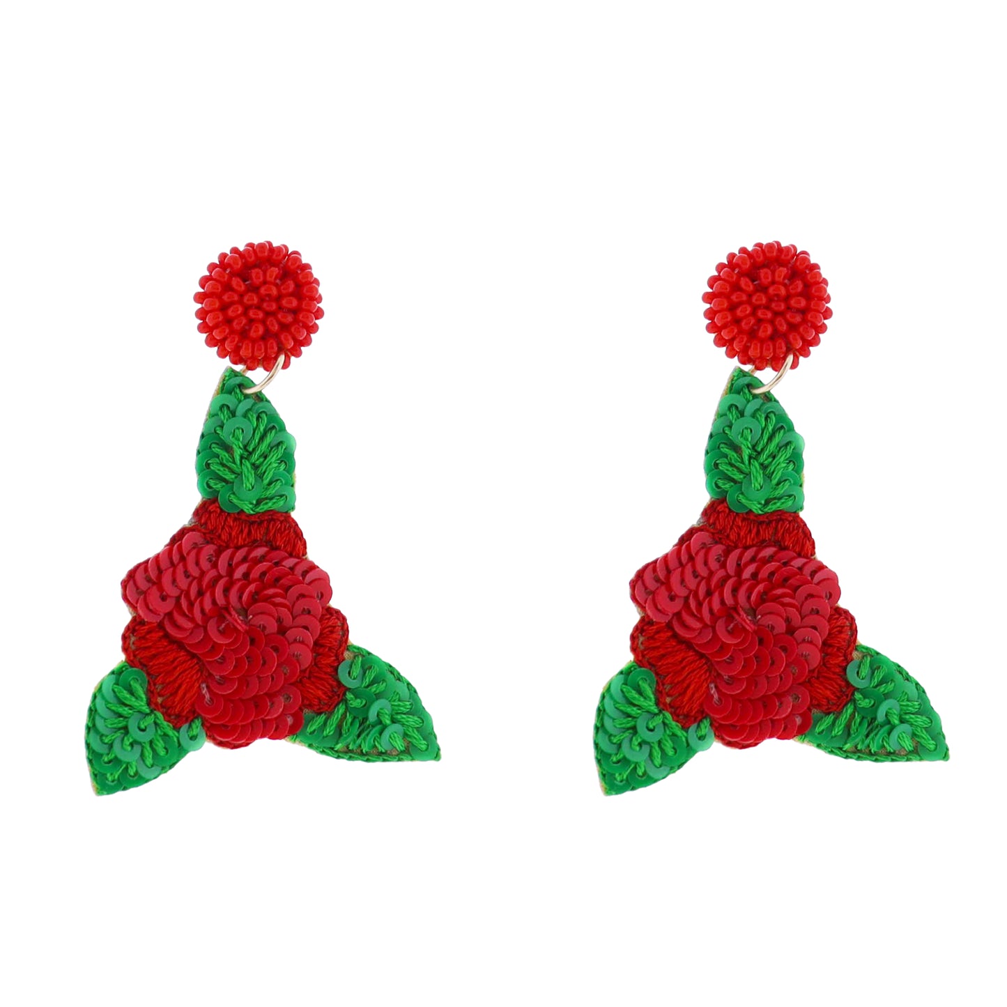 Red, Green Beaded Roses Earring