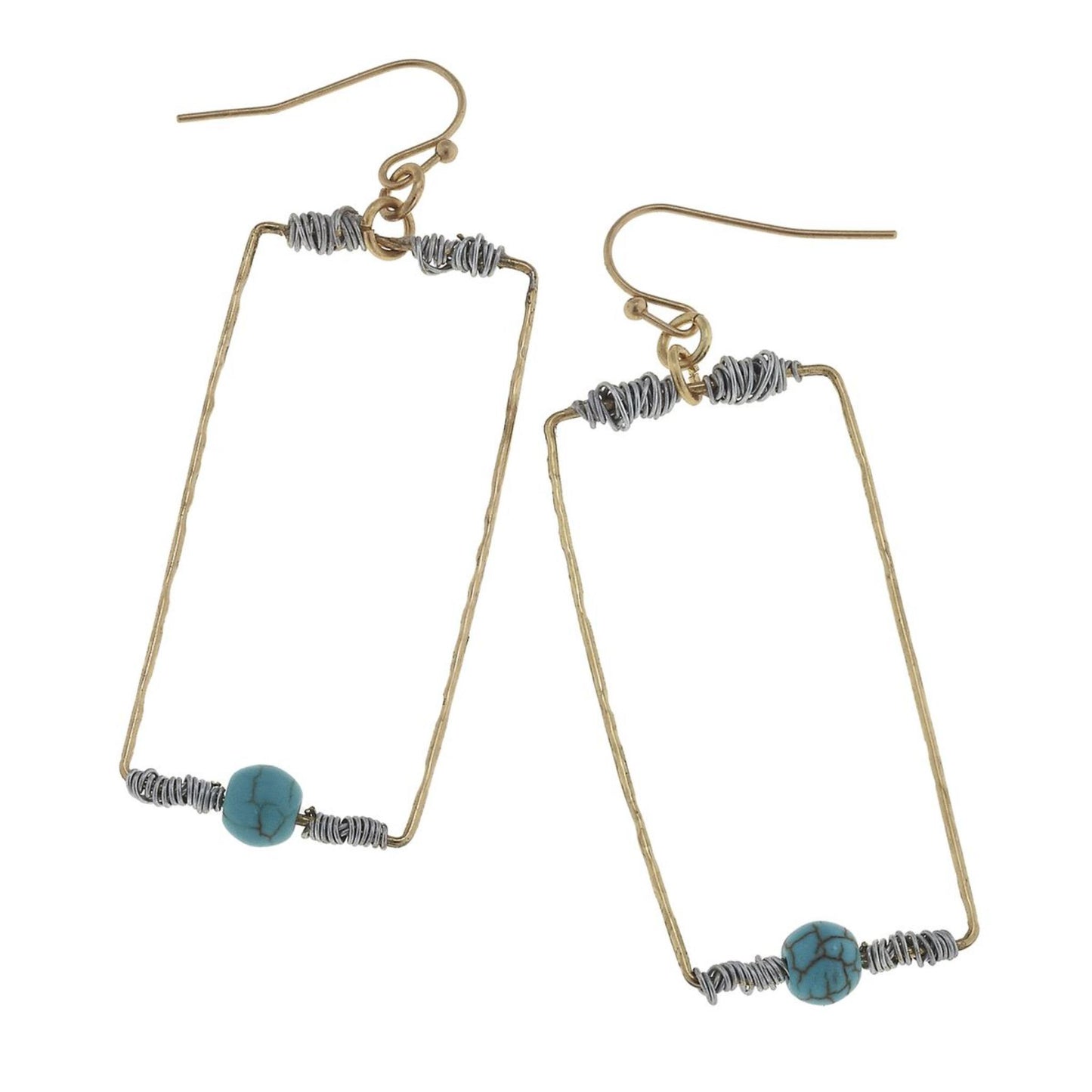 Antique Gold Rectangle with Wire Wrapped Turquoise Earring