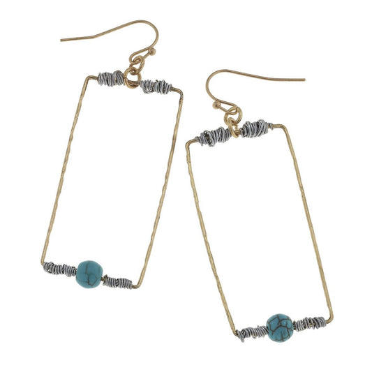 Antique Gold Rectangle with Wire Wrapped Turquoise Earring