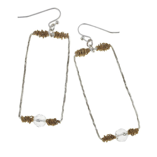 Antique Silver Rectangle with Wire Wrapped Clear Bead Earring