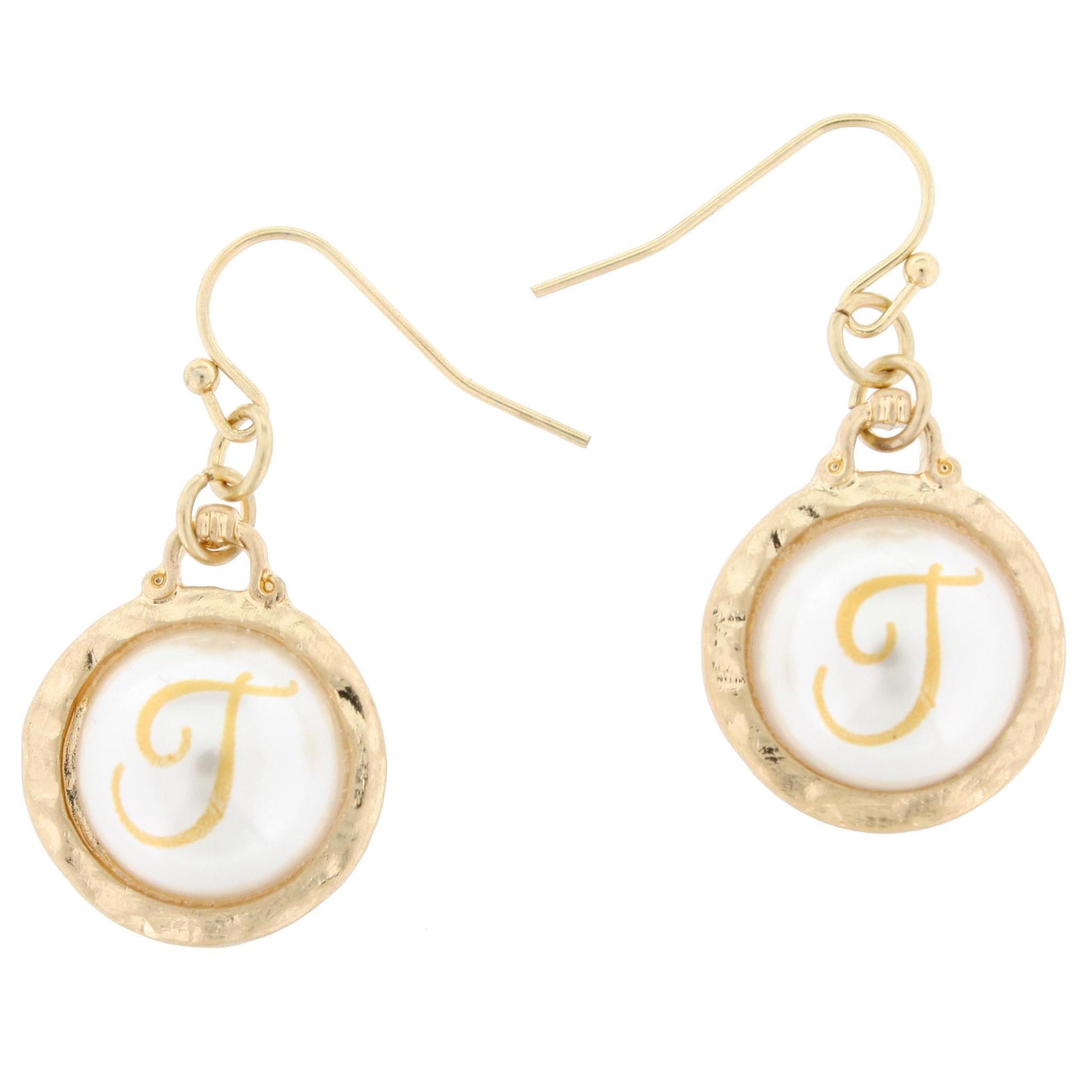 Faceted Pearl T Initial Gold Earring