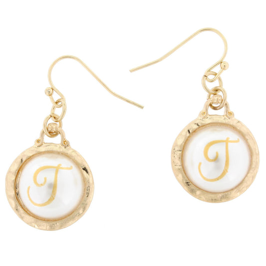 Faceted Pearl T Initial Gold Earring