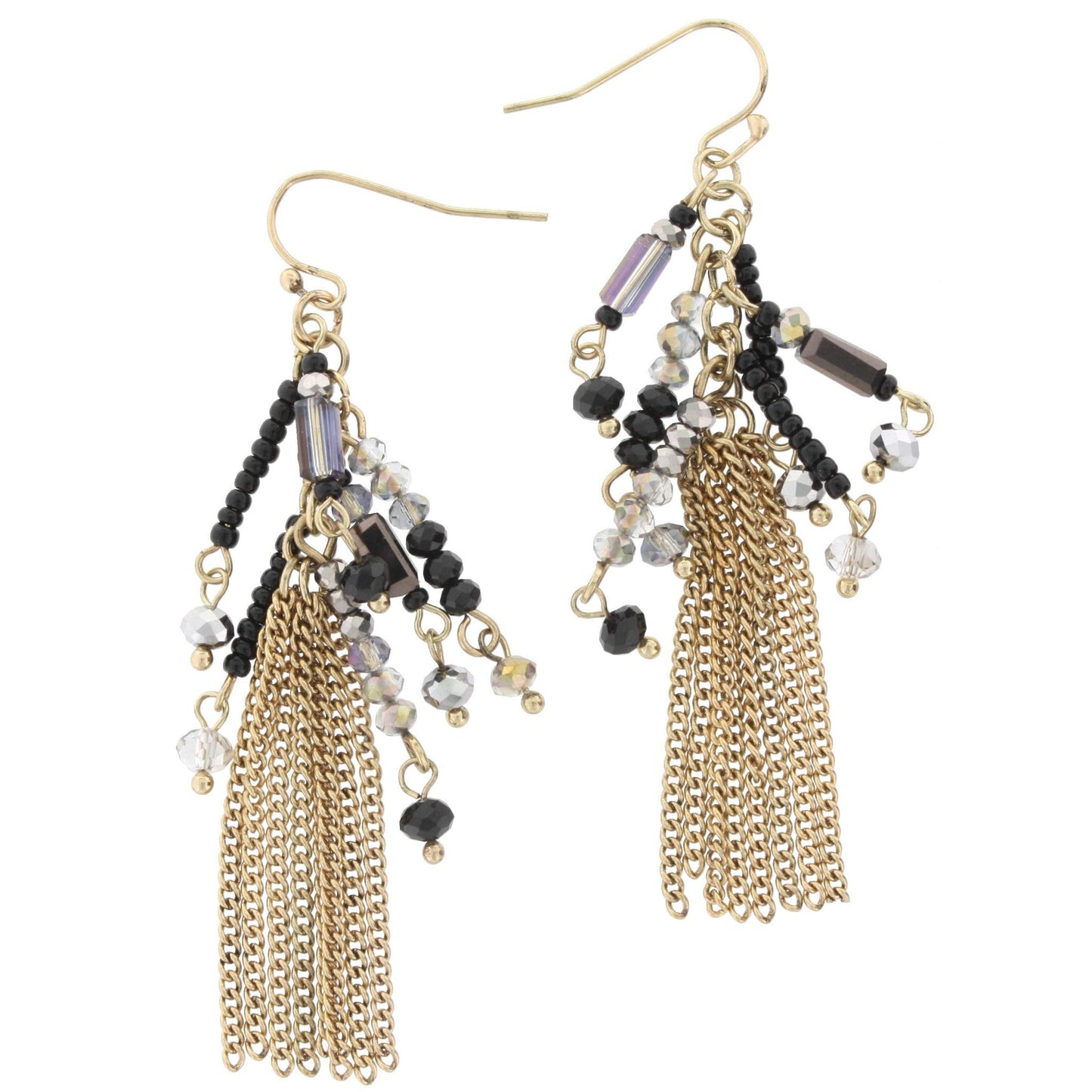Gold Metal Tassel with Jet Beaded Accents Earring