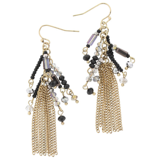 Gold Metal Tassel with Jet Beaded Accents Earring