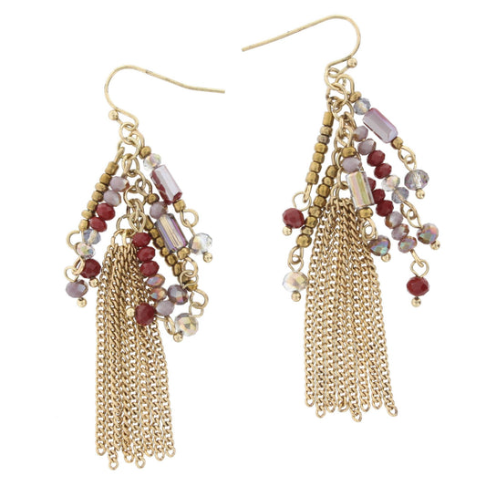 Gold Metal Tassel with Red Beaded Accents Earring