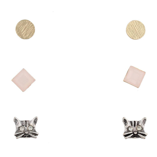 Round Gold, Light Pink Faceted Square, and Silver Cat Earring Set