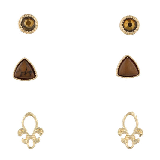 Gold Bronze Stud, Brown Triangle, and Gold Fleur De Lis Earring Set