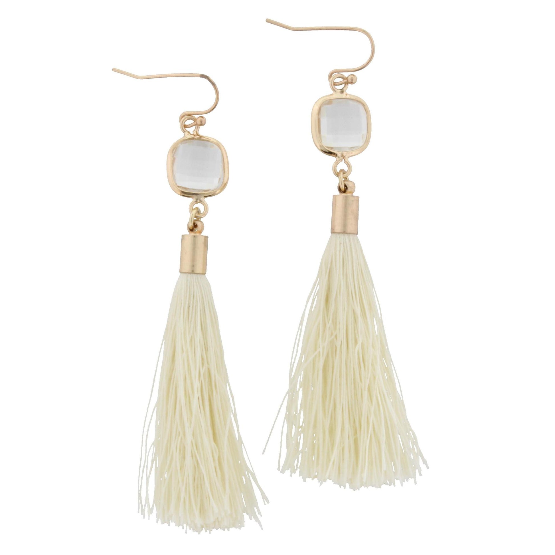 Crystal Square with Cream Tassel Earring