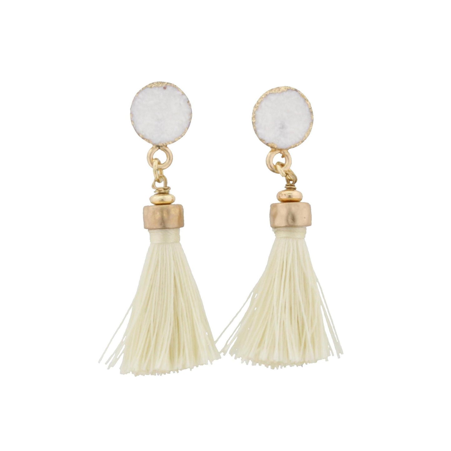 White Druzy Circle Stud with Cream Tassel Earring
