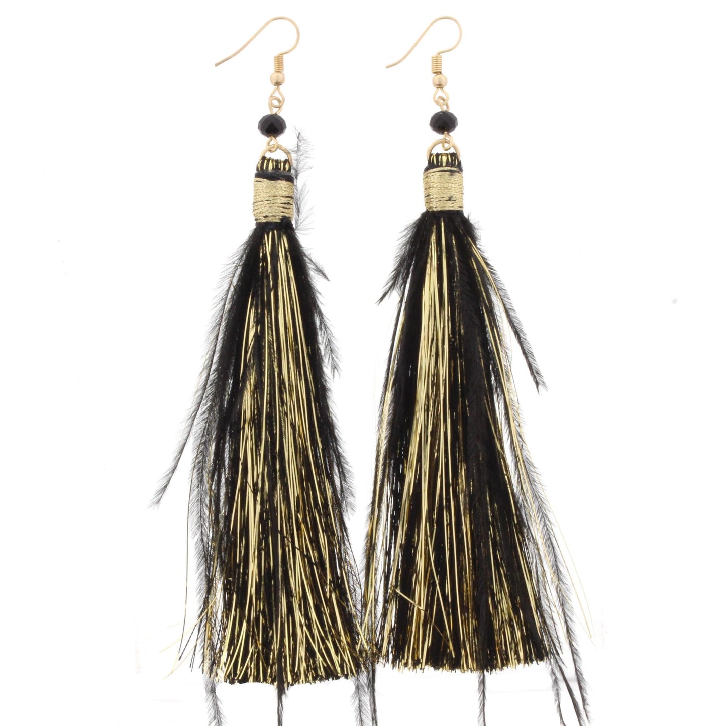 Jet Fringe Tassel with Jet Feather Accents Earring
