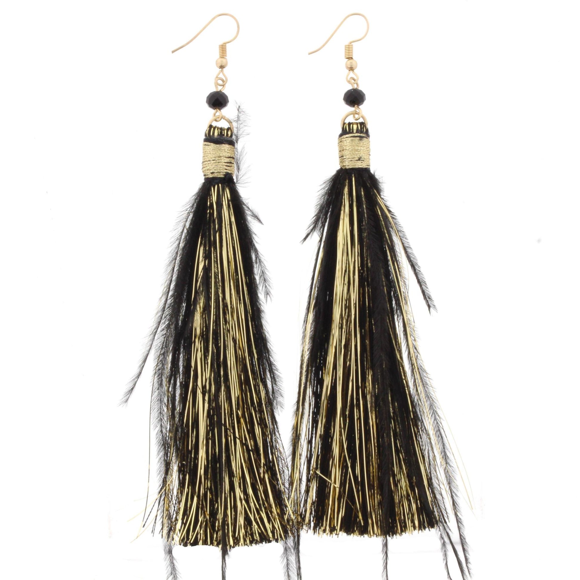 Jet Fringe Tassel with Jet Feather Accents Earring