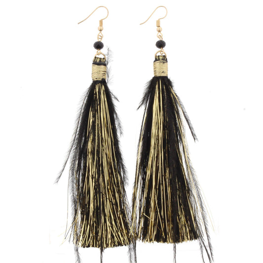 Jet Fringe Tassel with Jet Feather Accents Earring