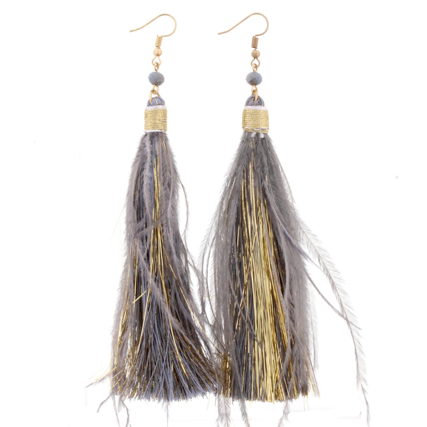 Grey Fringe Tassel with Grey Feather Accents Earring