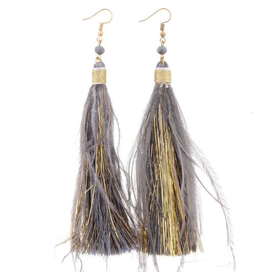 Grey Fringe Tassel with Grey Feather Accents Earring