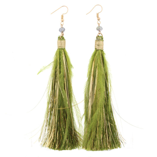 Olive Fringe Tassel with Olive Feather Accents Earring