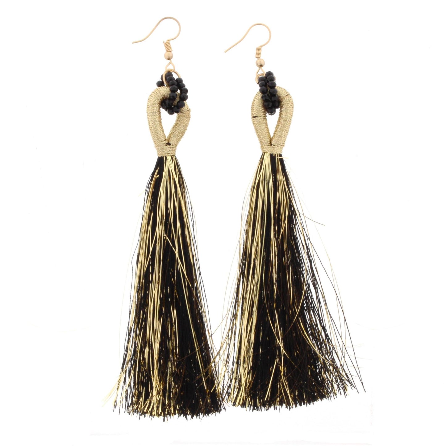 Jet Beaded Threaded Hoop with Black and Gold Fringe Tassel Earring