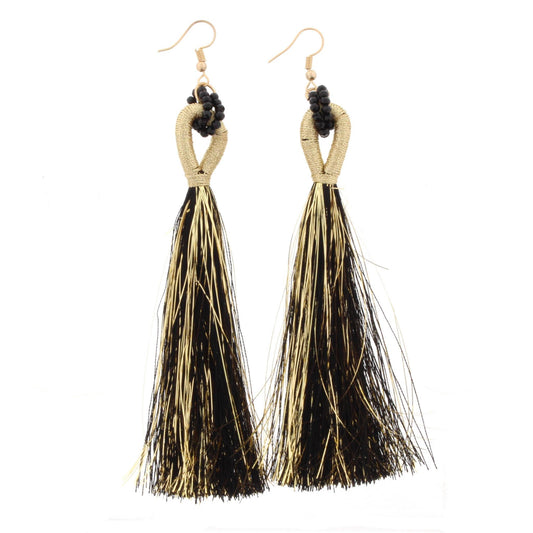 Jet Beaded Threaded Hoop with Black and Gold Fringe Tassel Earring