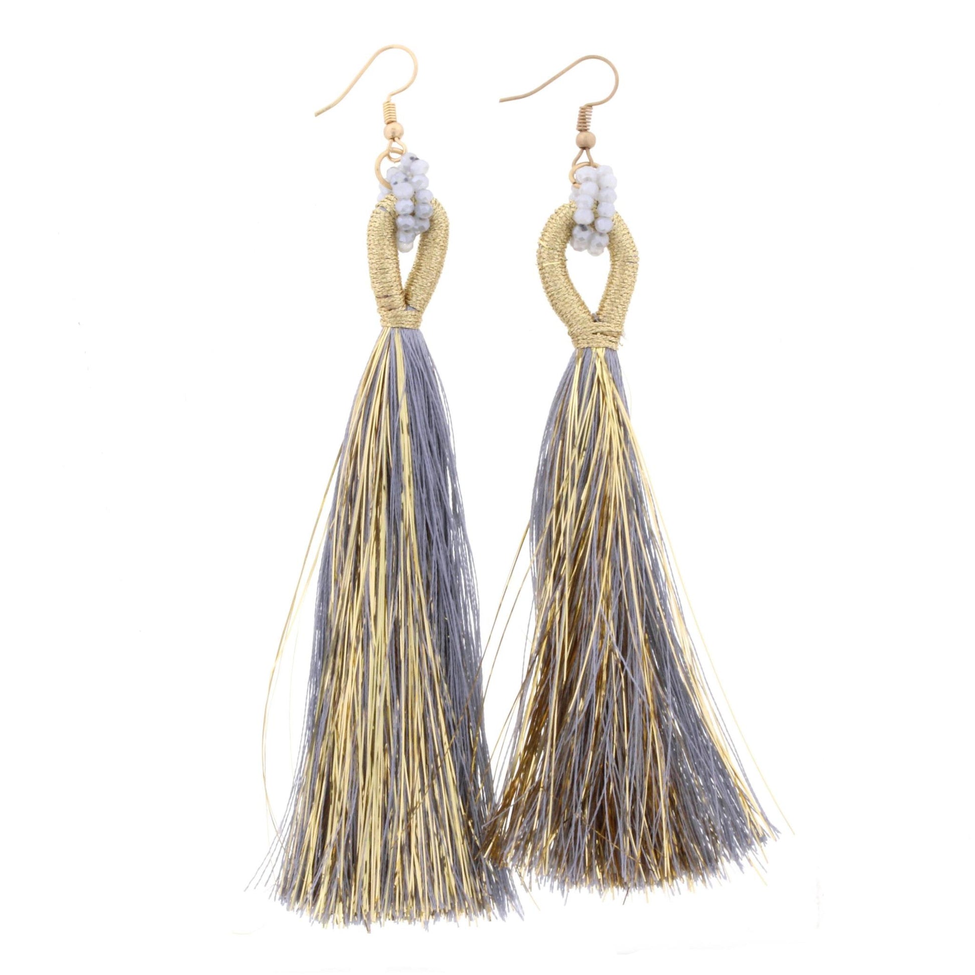 Grey Beaded Threaded Hoop with Grey and Gold Fringe Tassel Earring