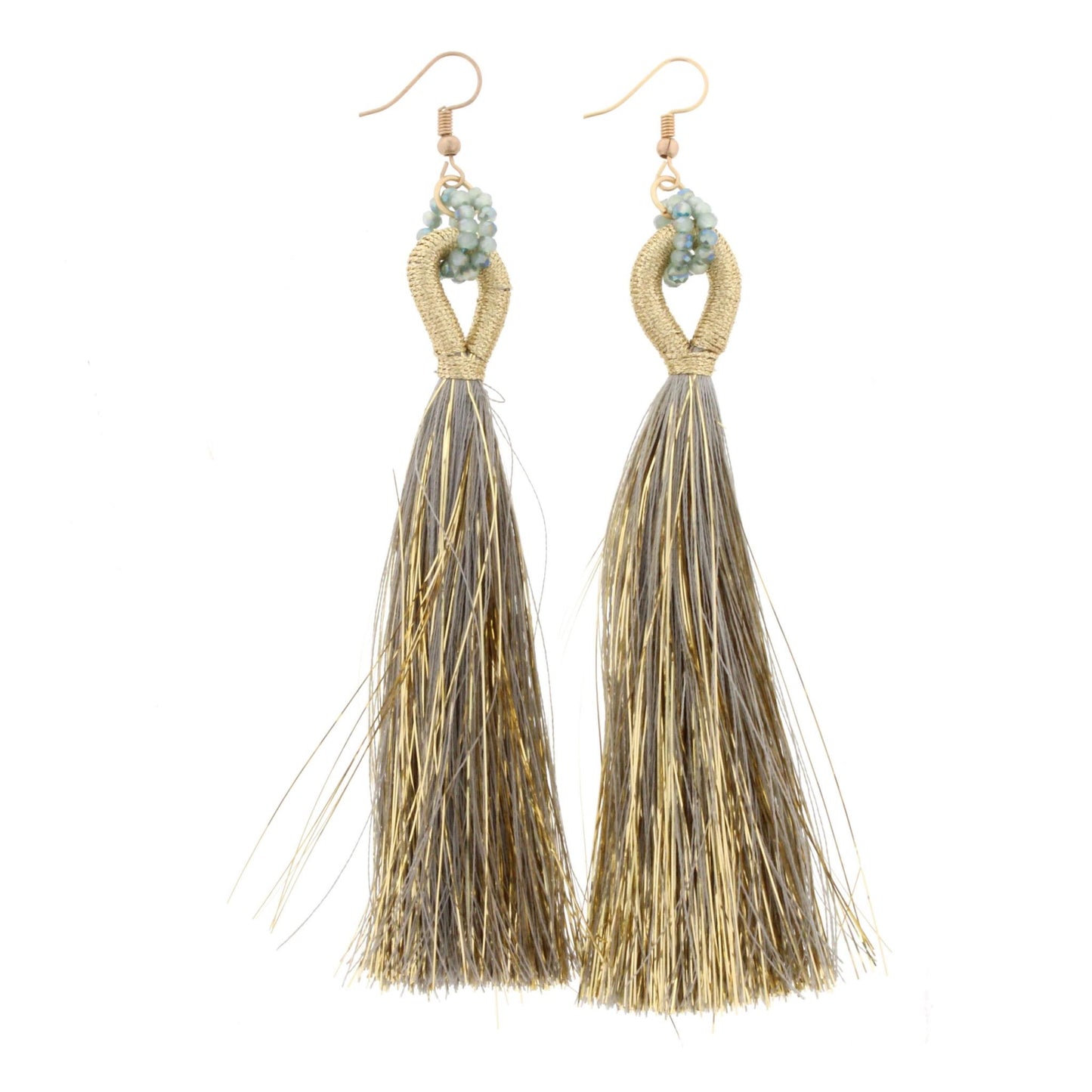 Sage Beaded Threaded Hoop with Sage and Gold Fringe Tassel Earring