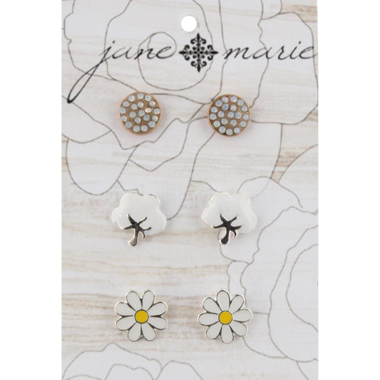 Flat Silver Circle Rhinestone, Epoxy Cotton, and Epoxy Flower Stud Earring Set