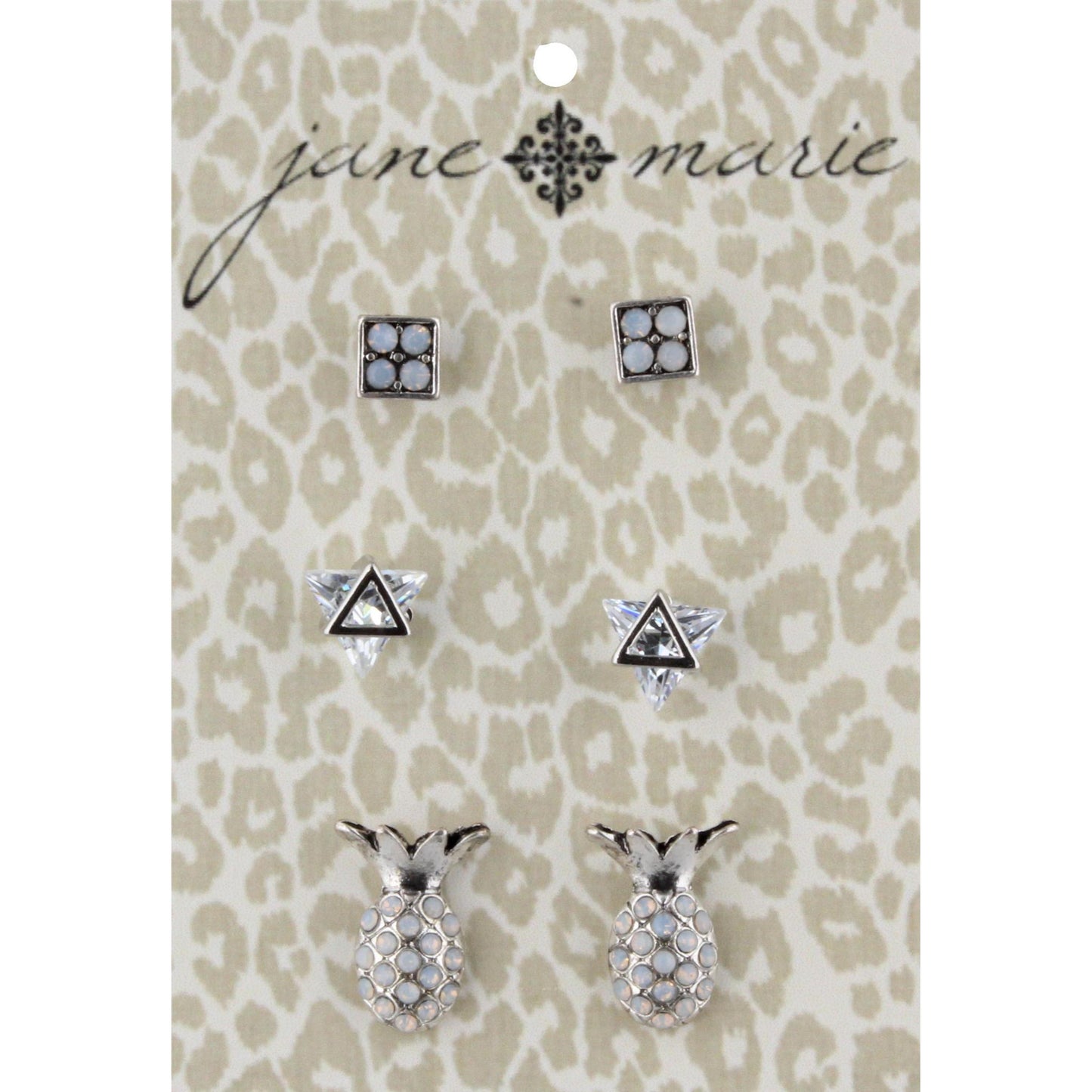 Moonstone Studded Silver Square, Diamond Silver Triangle, and Silver Moonstone Pineapple Stud Earring Set