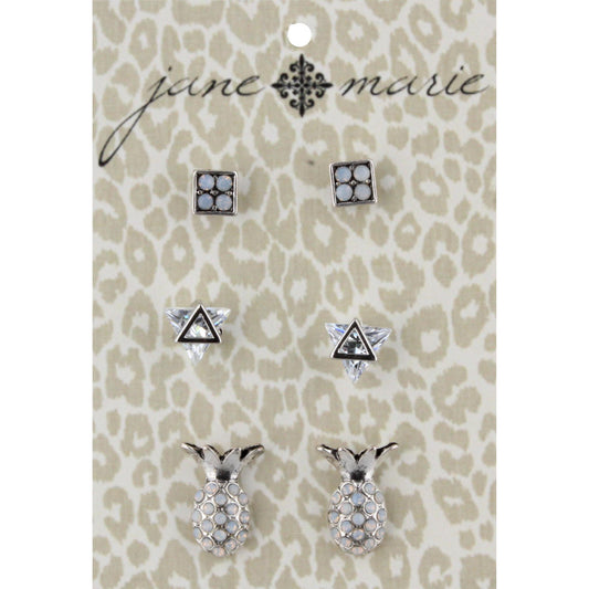 Moonstone Studded Silver Square, Diamond Silver Triangle, and Silver Moonstone Pineapple Stud Earring Set