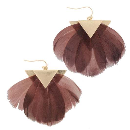 Gold Triangle Brown Feather Earring