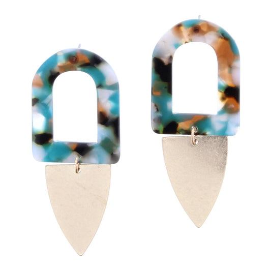Open Turquoise, Brown, and White Multi Resin Shape with Gold Rounded Triangle Earring