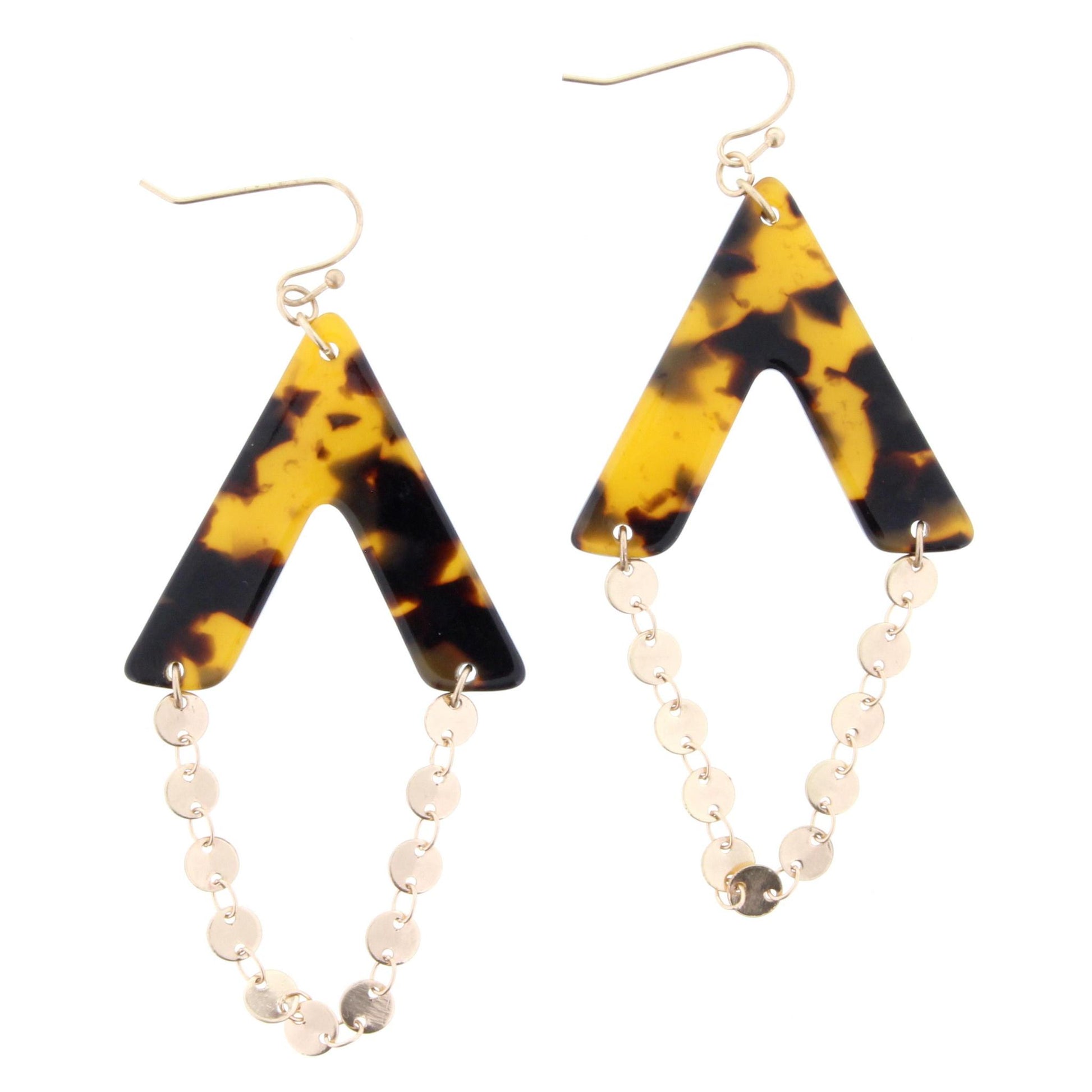 Tortoise Resin V Shape with Gold Disk Chain Dangle Earring