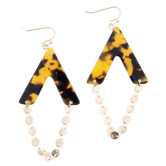 Tortoise Resin V Shape with Gold Disk Chain Dangle Earring