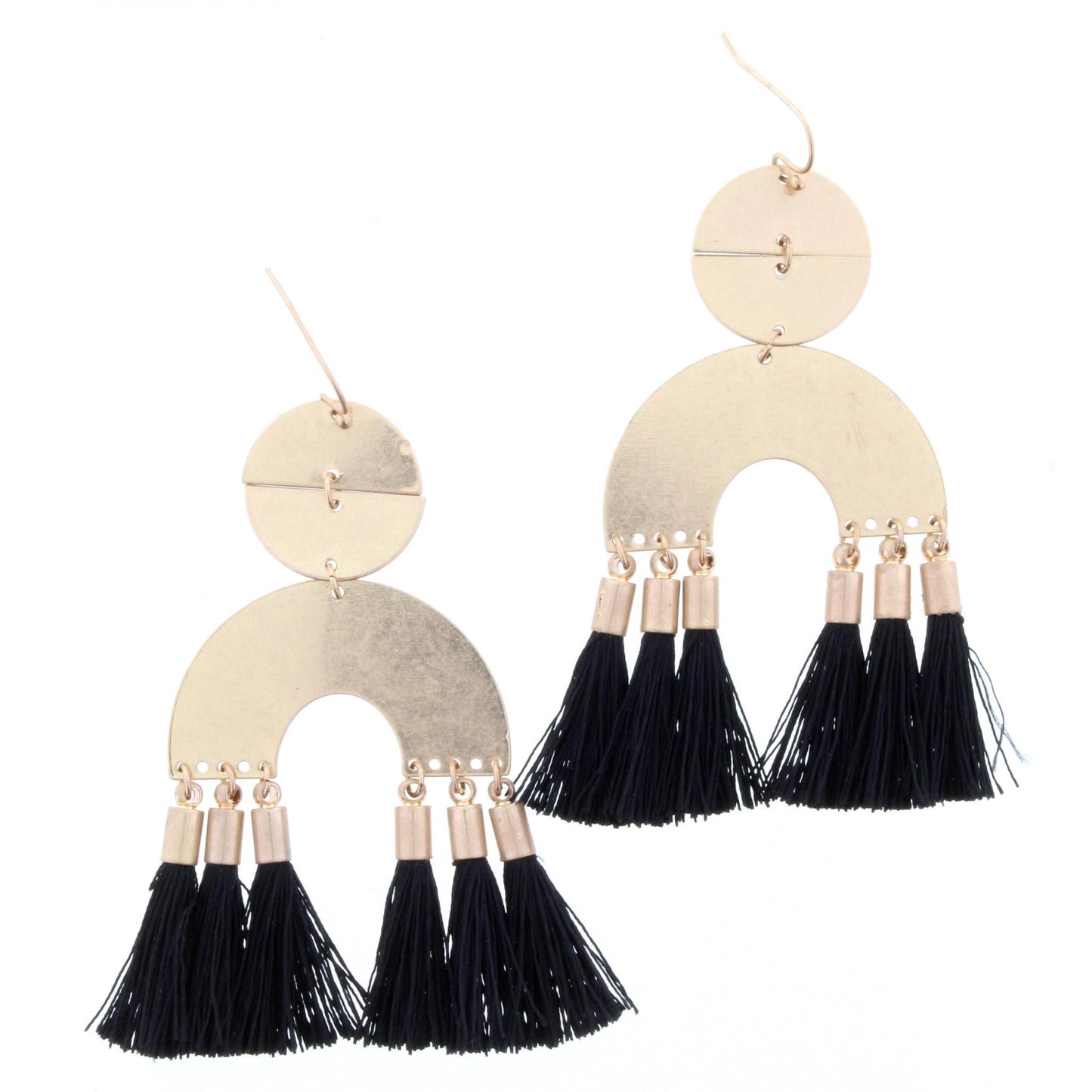 Gold Circle with Arch and Jet Tassels Earring