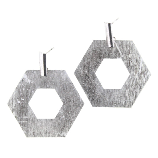Silver Hexagon Dangle Stud Earring