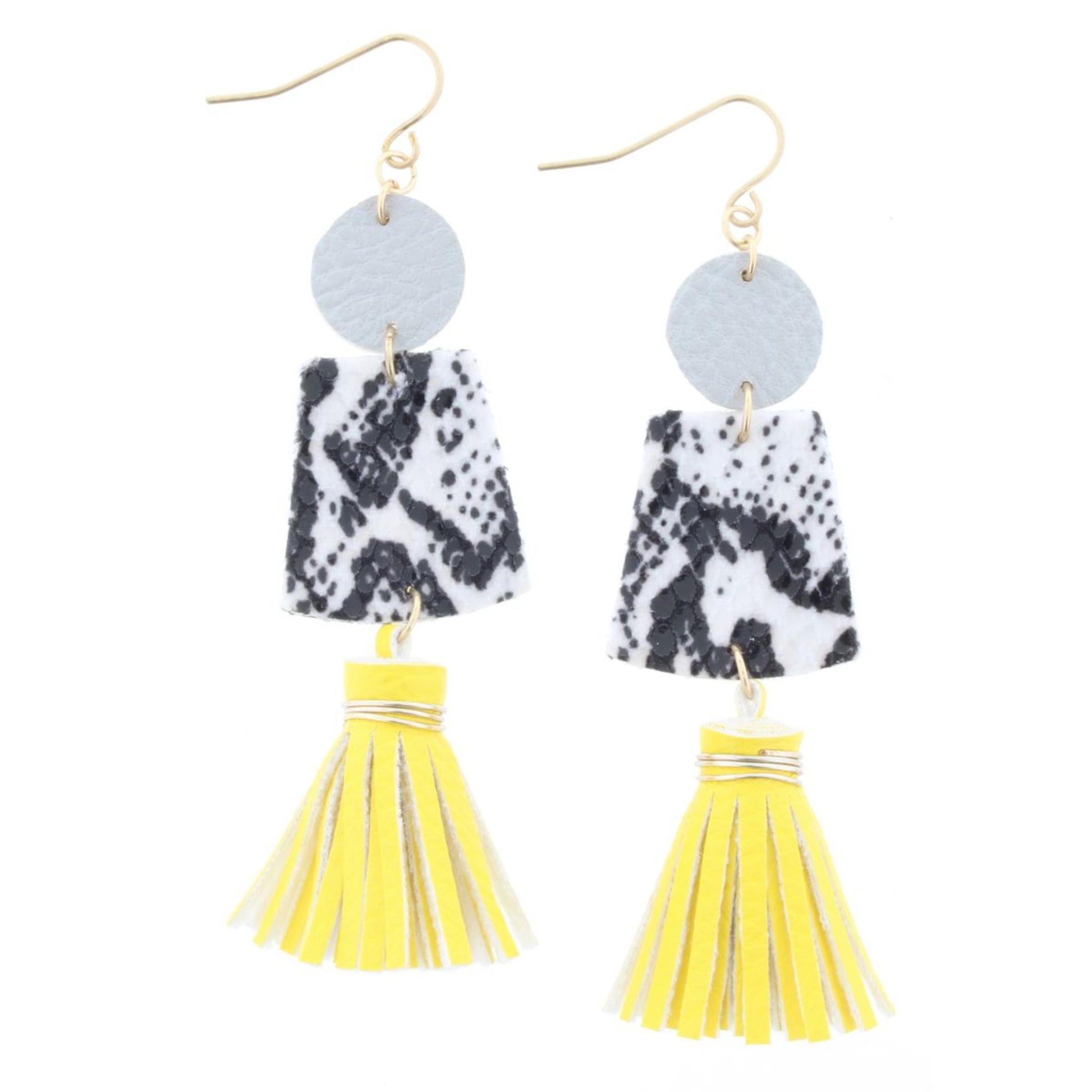 Grey Circle, Snakeskin Earring with Yellow Tassels