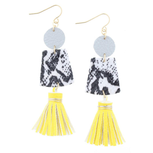 Grey Circle, Snakeskin Earring with Yellow Tassels