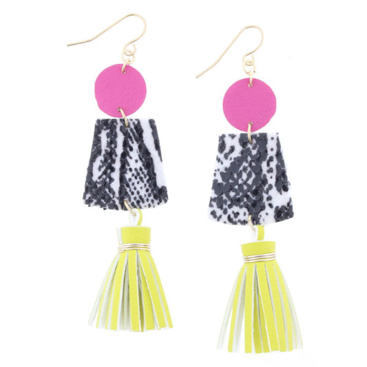 Fuschia Circle, Snakeskin Earring with Lime Tassels