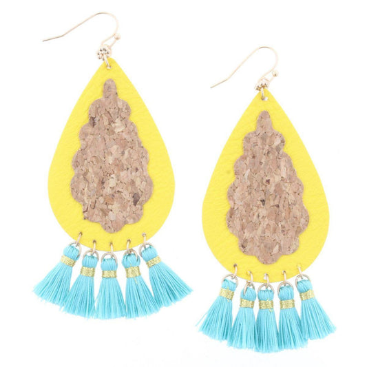 Yellow Leather Teardrop Earring with Cork Center & Turquoise Tassels