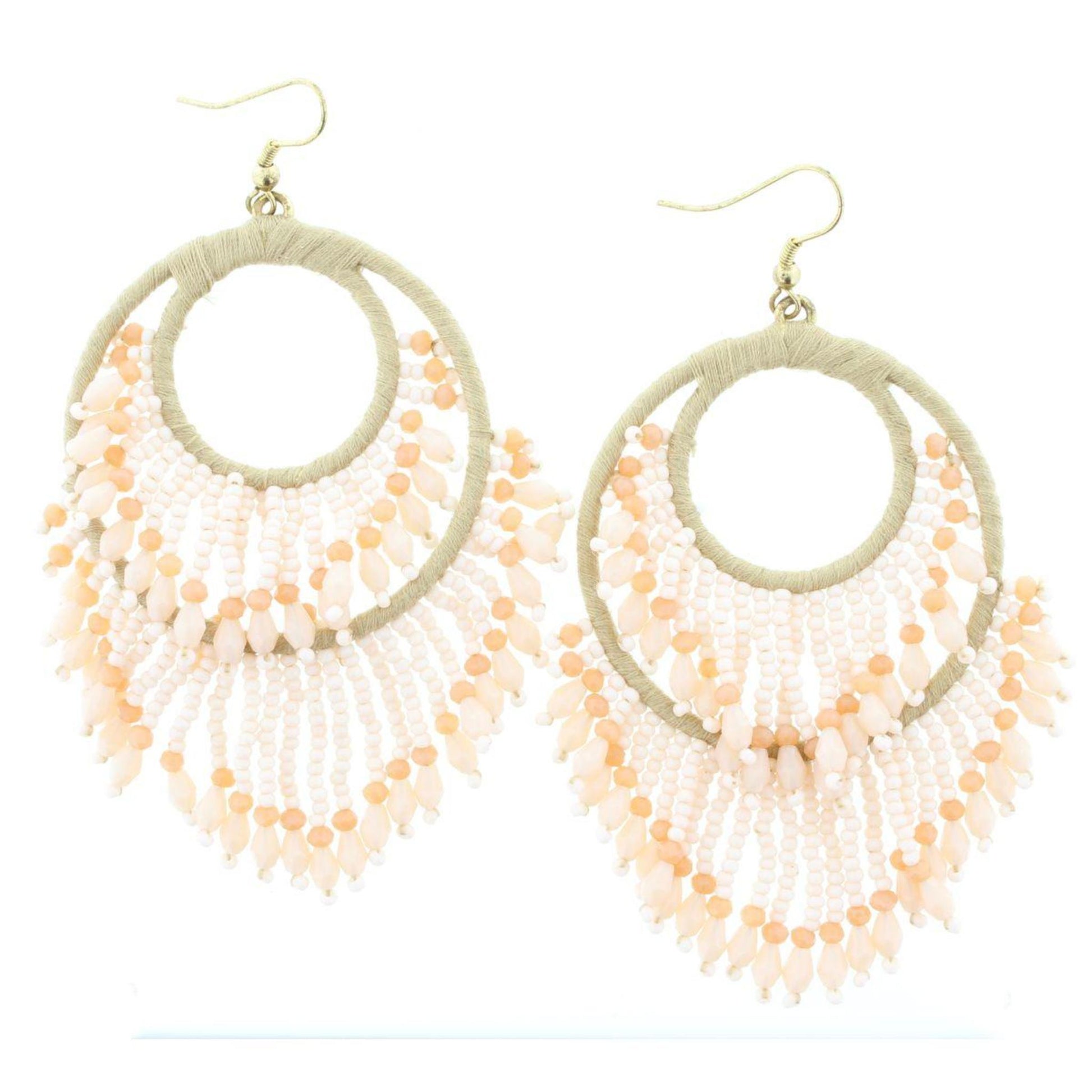 Tan Wrapped Double Circle Earring with Peach & Nude Beaded Dangles