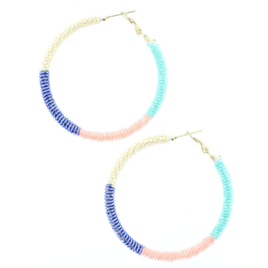 Ivory, Blue, Peach, Mint Beaded Wrapped Hoop Earring