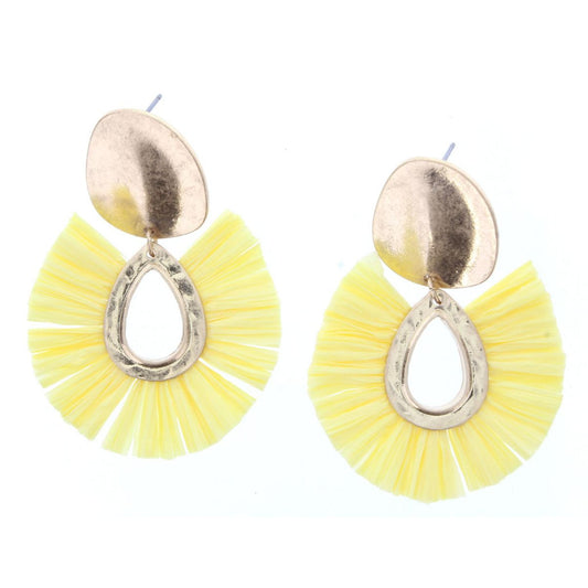 Gold Plate Stud Earring With Yellow Fan Raffia
