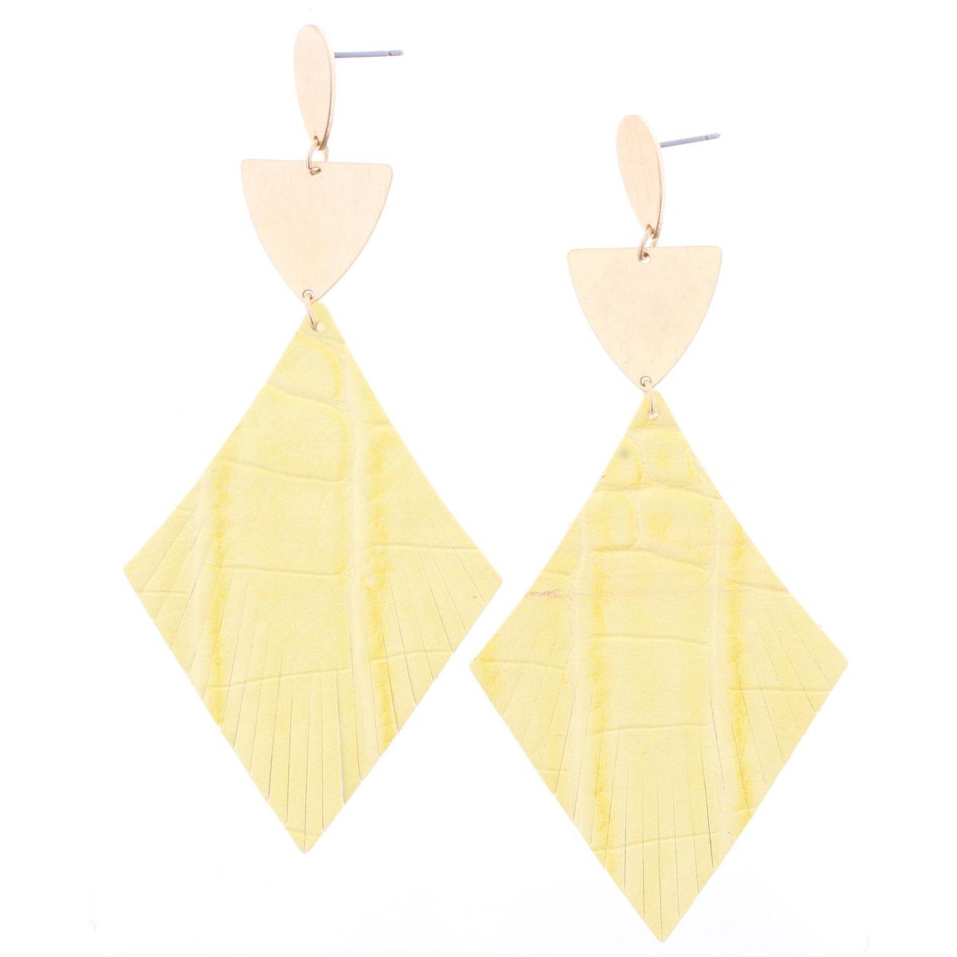 Gold Teardrop Post Earring with Gold Half Elipse Yellow Alligator Leather