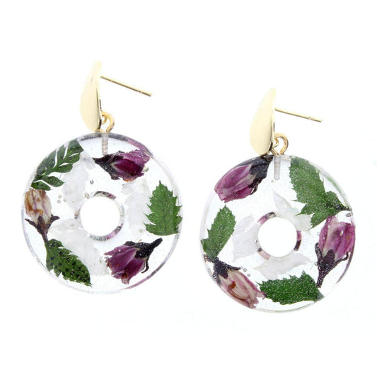 Plum Flowers & Greenery in Resin Circle Post Earring